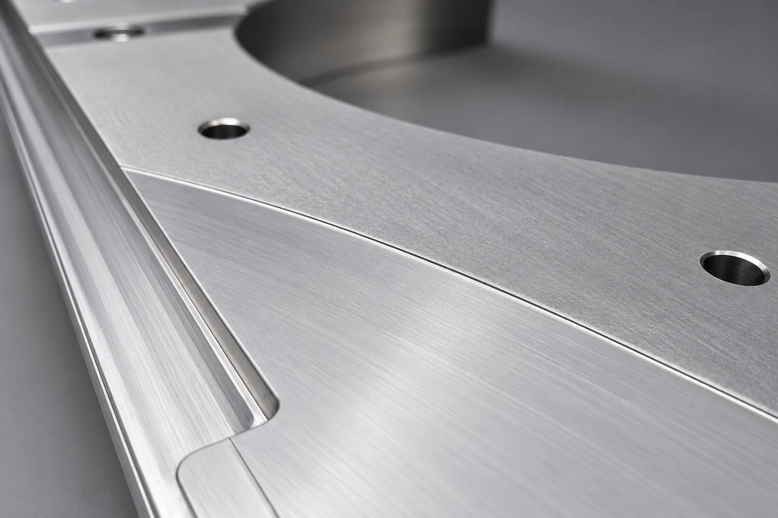Detail einer bearbeiteten Aluminiumfläche mit Nut, Kontur und Bohrungen