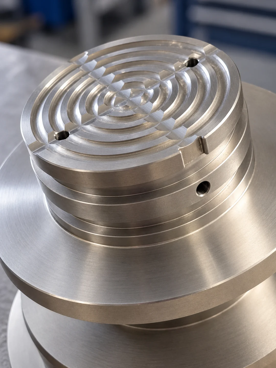Zylindrisches Metallbauteil mit konzentrischen Kanälen, Stufen und Bohrungen