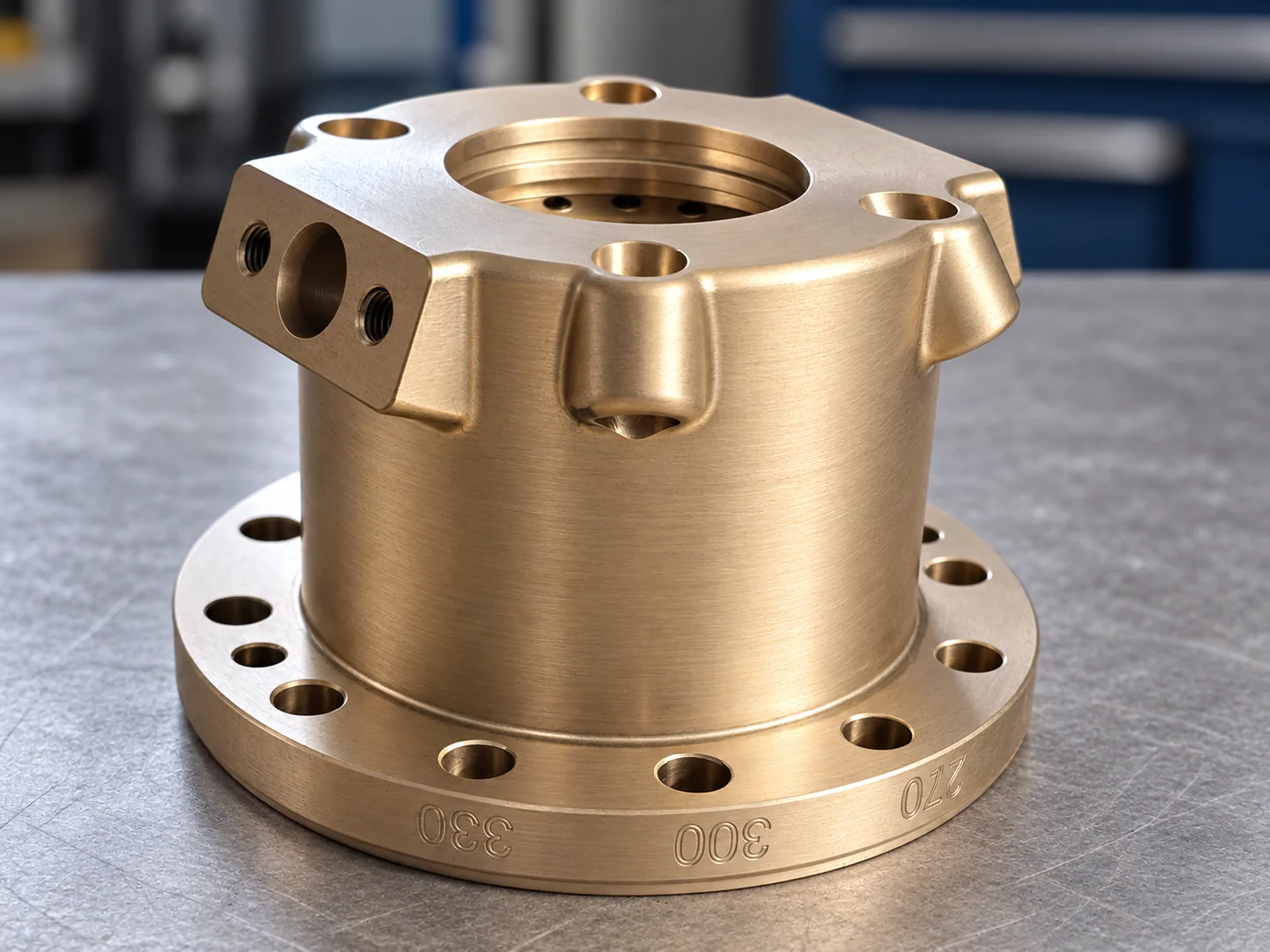 Zylindrisches Metallgehäuse mit Flanschen, Innengewinde und seitlichen Anschlüssen
