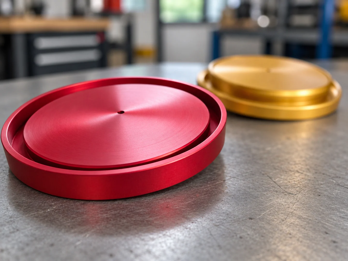 Rotes und goldfarbenes rundes Metallbauteil mit umlaufender Nut auf einer Werkbank
