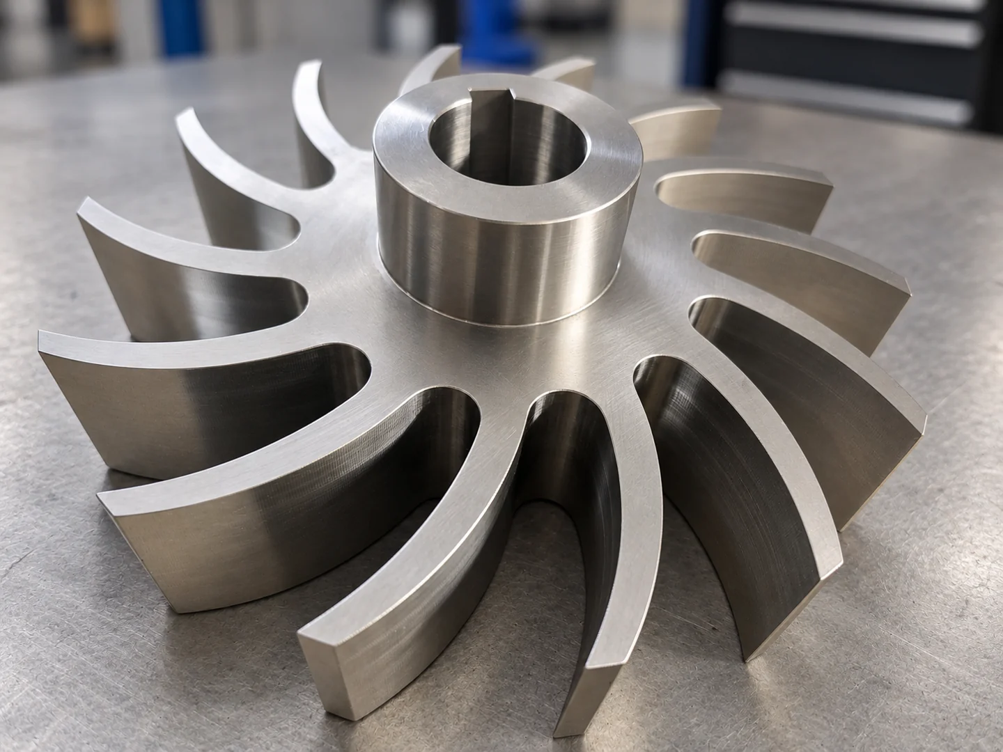 Metallbauteil mit radial angeordneten geschwungenen Stegen und zentraler Nabe